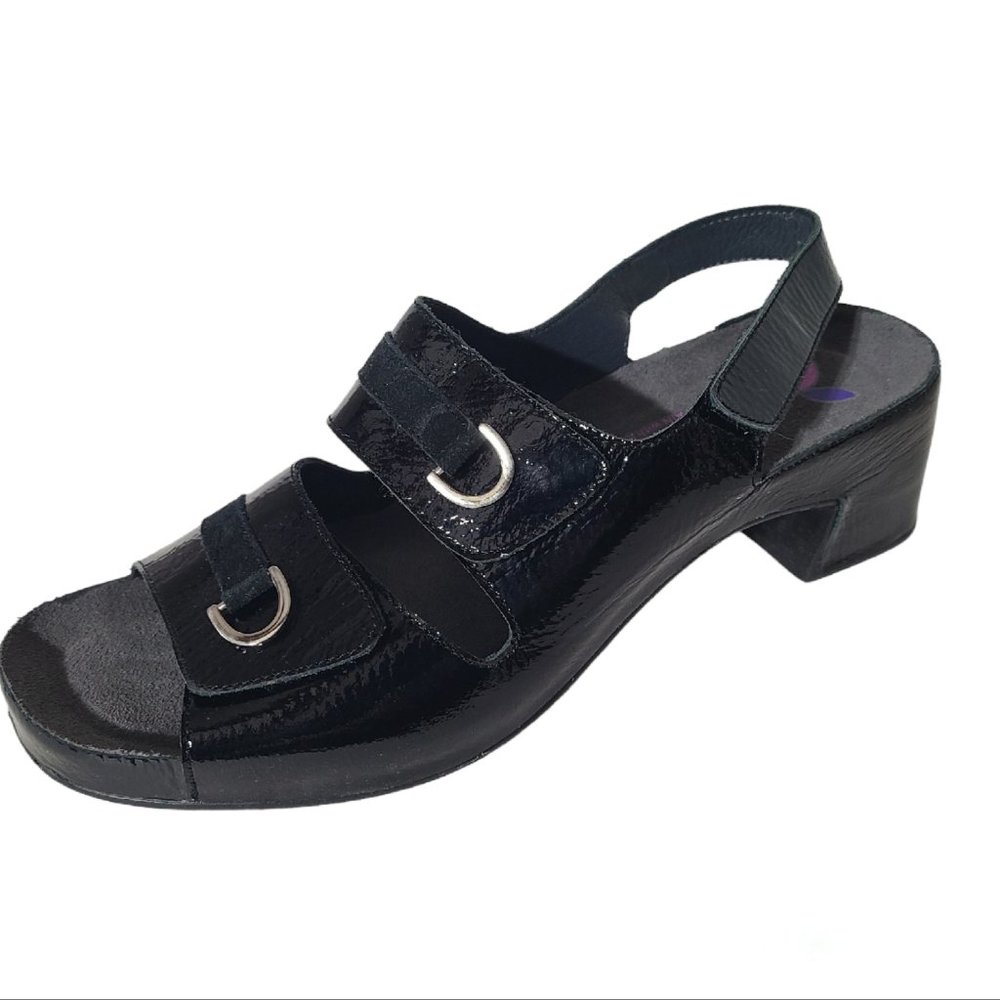 Helle Comfort Women's Danai Patent 2 Hook and Loop Sling Back Sandals Black 42